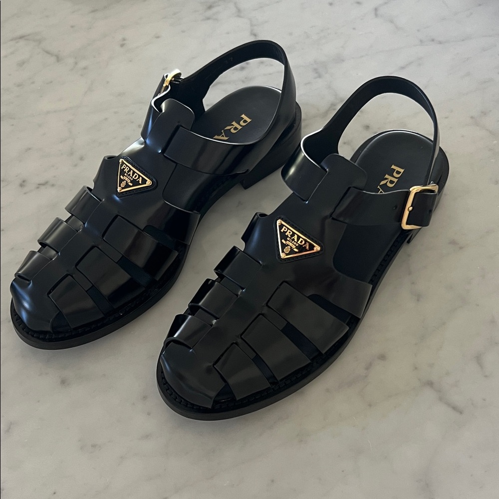 NEW Prada Fisherman Black Leather Sandals with Gold size 37 - Picture 3 of 13